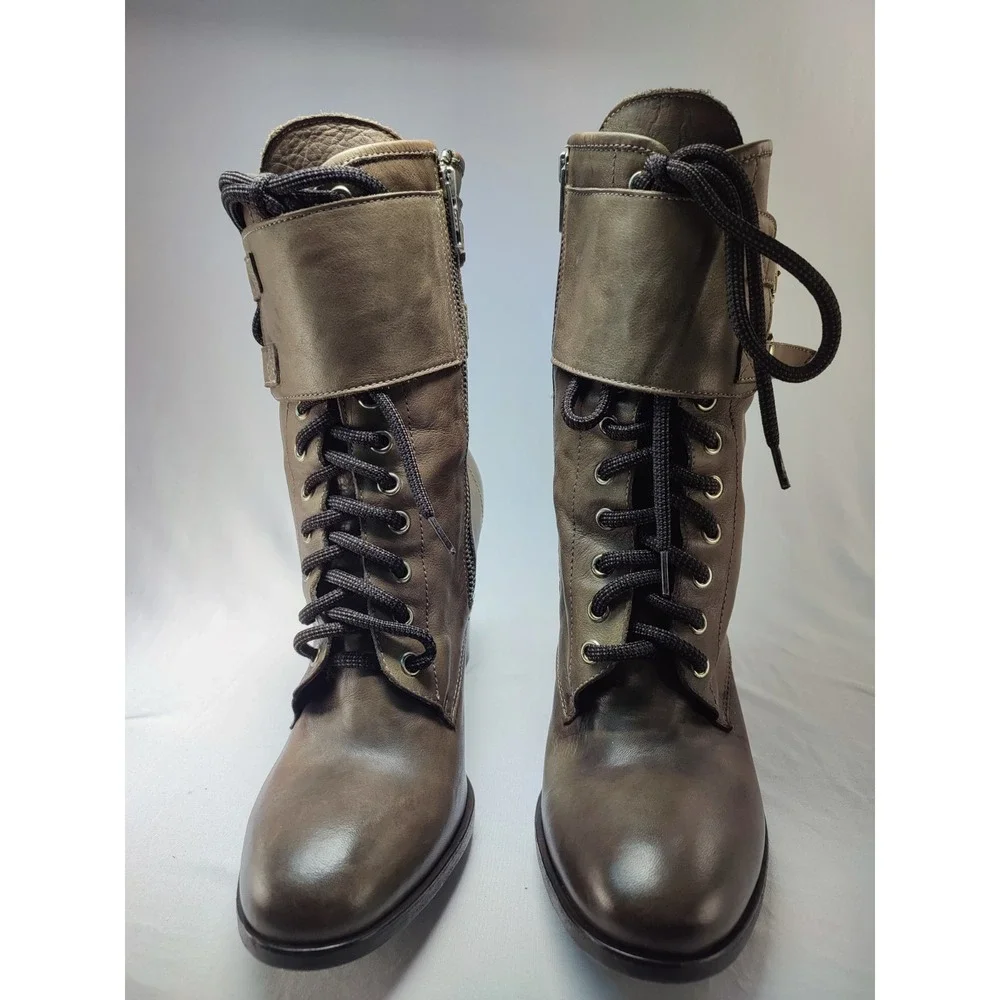 San Crispino ITALY Brown Leather Lace Up Buckle Combat Heel Boot Womens IT40 US9